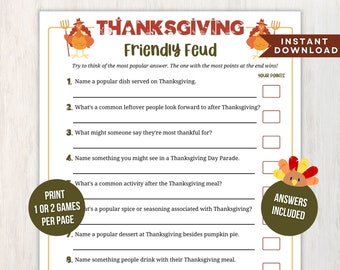 Printable Thanksgiving Friendly Feud Game for Family Gatherings and Classroom Parties, Fun Thanksgiving Game for Groups, Instant Download