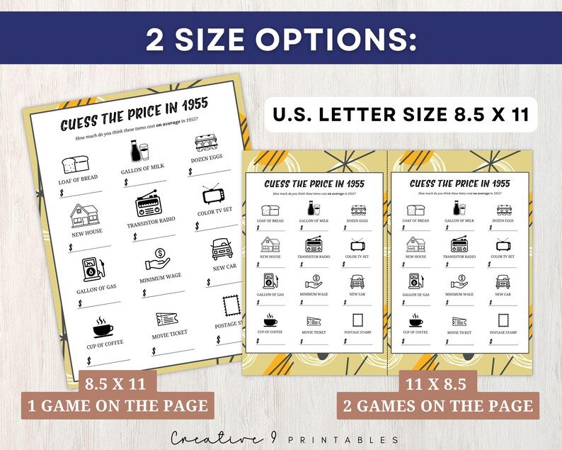 May include: Two printable game cards with a retro design. The cards are yellow with black and white illustrations. The text on the cards reads "Guess the Price in 1955". The cards are available in two sizes: 8.5 x 11 inches and 11 x 8.5 inches.