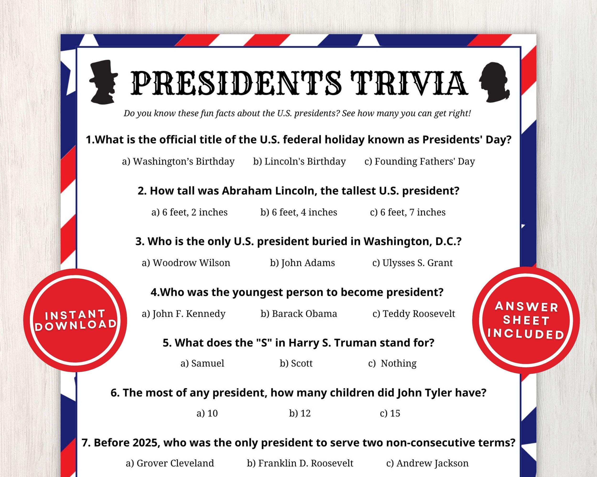 Presidents' Day Trivia Printable Game for Adults and Kids, 10 Fun
