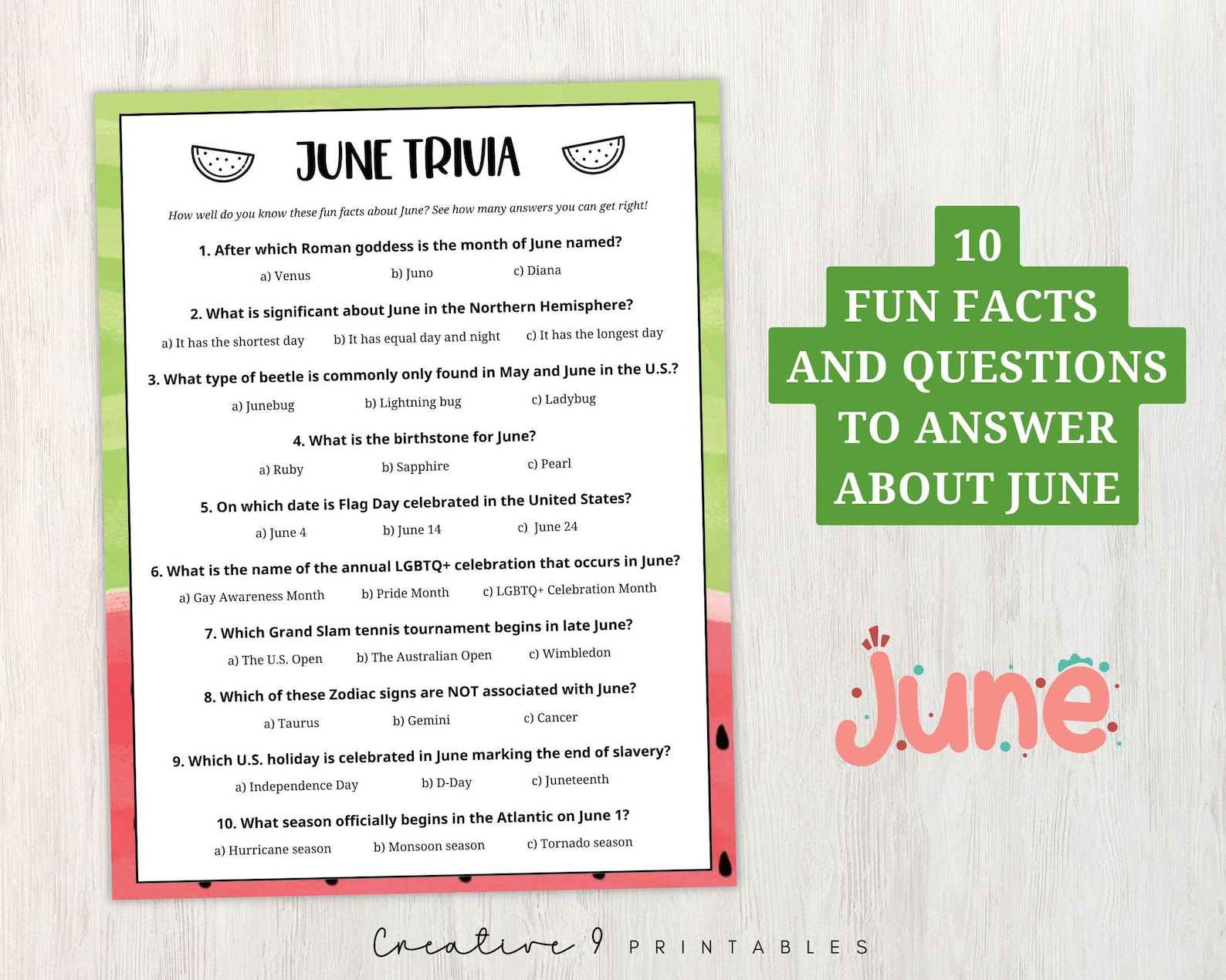 June Trivia Printable Game for Kids and Adults, 10 Fun Facts Quiz ...