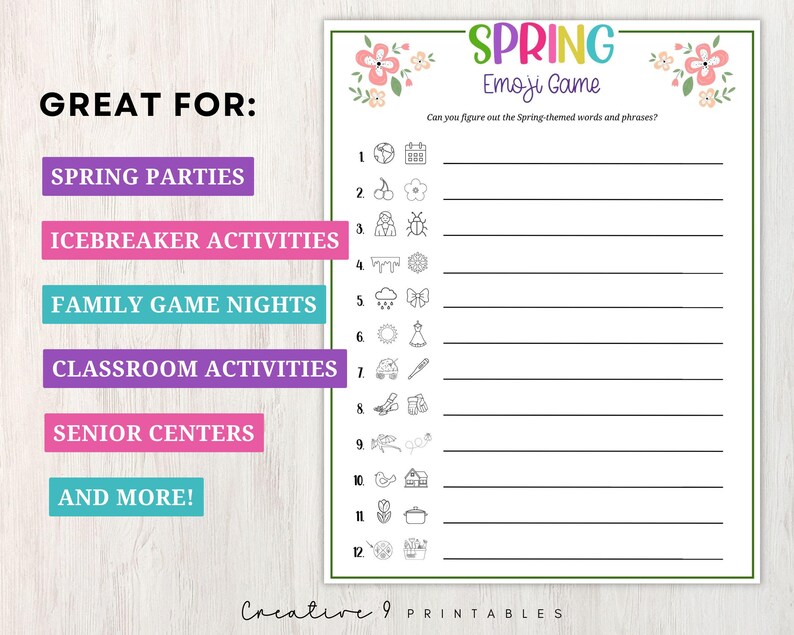 Spring Emoji Riddles Spring Emoji Game for Kids and Adults, Fun Printable Springtime Trivia ...