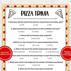 Pizza Trivia Printable Game for Kids and Adults, 10 Pizza Questions with Multiple Choice Great for Parties and Groups, Instant Download
