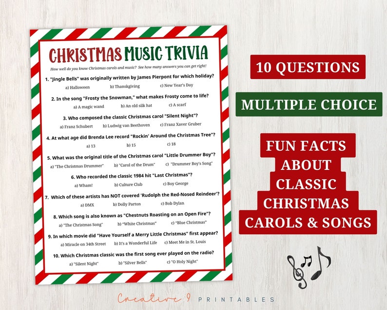 Printable Christmas Carol Trivia Game for Adults and Kids, 10 Fun ...
