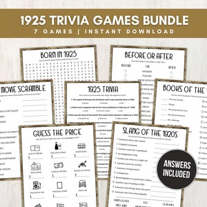 Peut inclure: Un ensemble de 7 jeux de questions-réponses imprimables sur le thème des années 1920. Les jeux comprennent une recherche de mots, un jeu de mots mélangés, un jeu avant ou après, un jeu de questions-réponses, un jeu de devinette de prix, un jeu de l'argot des années 1920 et un jeu de livres des années 1920. Les jeux sont en noir et blanc avec des accents dorés.