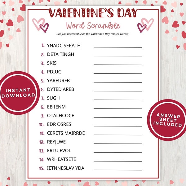 Printable Valentine Word Scramble Game for Kids and Adults, 15 Valentine's Day Words to Unscramble with Answer Key, Instant Download