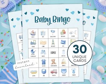 Pode incluir: Cartas de bingo para bebé azul e branco com 30 cartões únicos. Os cartões apresentam imagens de artigos para bebé como um berço, uma mamadeira, um urso de peluche, uma fralda e um macacão.