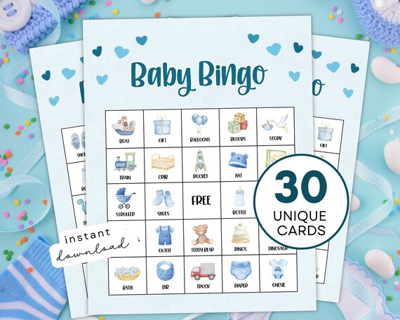 thumbnail image 2 of Baby Shower Bingo Game GardenCity - 50 Pre-Filled Blue Cards For Boy Or Girl Celebration Baby Shower Games 2 of 14
