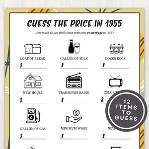 Errate den Preis 1955 Spiel, 70er Geburtstag Party Spiele, Zurück in 1955 Trivia Spiel, 70er Geburtstag Ideen, Preise Ratenspiel, Instant Download