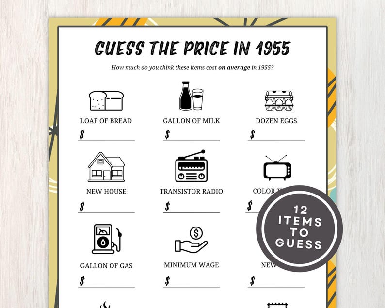 May include: A printable game card with a retro design. The card has a title that says "Guess the Price in 1955". The card has 12 items listed with a space to write in the price. The items include a loaf of bread, a gallon of milk, a dozen eggs, a new house, a transistor radio, a color television, a gallon of gas, minimum wage, and a new car.