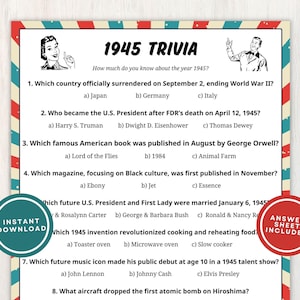 1945 Trivia with Answers, Printable 80th Birthday Game, 10 Fun Quiz Questions About Back in 1945 for Party Guests to Play, Instant Download