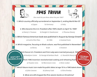 1945 Trivia with Answers, Printable 80th Birthday Game, 10 Fun Quiz Questions About Back in 1945 for Party Guests to Play, Instant Download