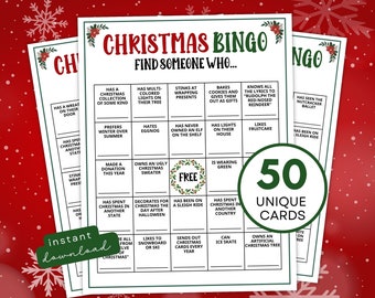 Printable Christmas Find Someone Who Bingo Game for Adults, 50 Prefilled Bingo Cards for Large Groups and Holiday Parties, Instant Download