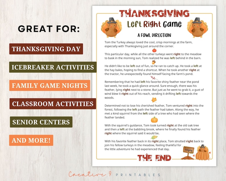 Printable Thanksgiving Left Right Game for Kids and Adults, Pass the ...