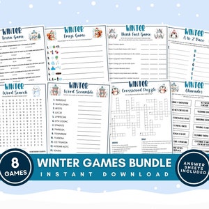 Winter Games Bundle for Kids and Adults, 8 Printable Fun Winter Party Games with Answers for Winter Class Party Gatherings, Instant Download