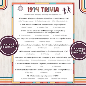 Trivialidades de 1974 con respuestas, juego imprimible para fiestas de cumpleaños, reuniones o aniversarios por el 51.° aniversario, 10 preguntas divertidas sobre 1974, descarga instantánea