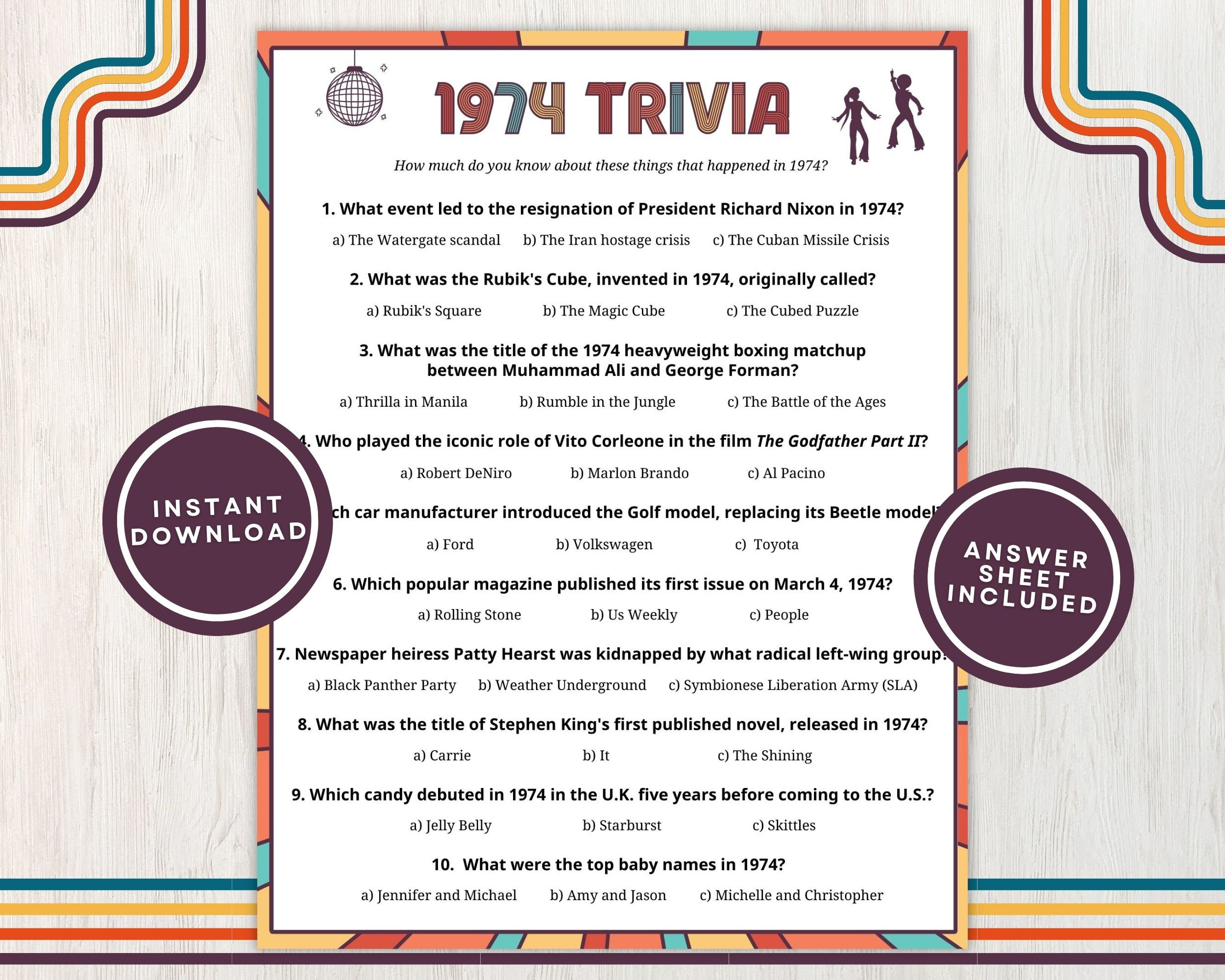 1974 Trivia with Answers, Printable 51st Birthday, Reunion, or Anniversary Party Game, 10 Fun Questions About Back in 1974, Instant Download