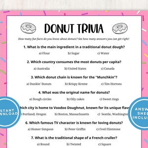 Donut Trivia Printable Game for Kids and Adults, 10 Doughnut Questions with Multiple Choice Great for Parties and Groups, Instant Download