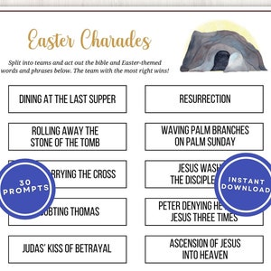 Christian Easter Charades Printable Game, 30 Prompts with Bible Action Items to Act or Draw, Includes Bonus Blank Cards, Instant Download