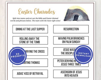 Christian Easter Charades Printable Game, 30 Prompts with Bible Action Items to Act or Draw, Includes Bonus Blank Cards, Instant Download