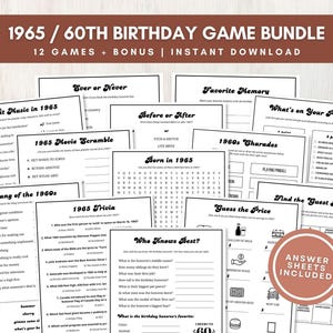 60th Birthday Party Games Bundle, 12 Fun Printable 1965 Trivia and Group Games with Answers, Bonus Memory Keepsake, Instant Download