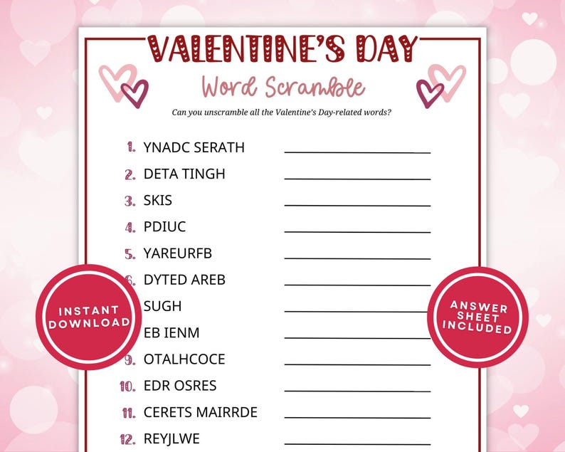 Valentine Word Scramble Printable Game for Kids and Adults, 15 ...