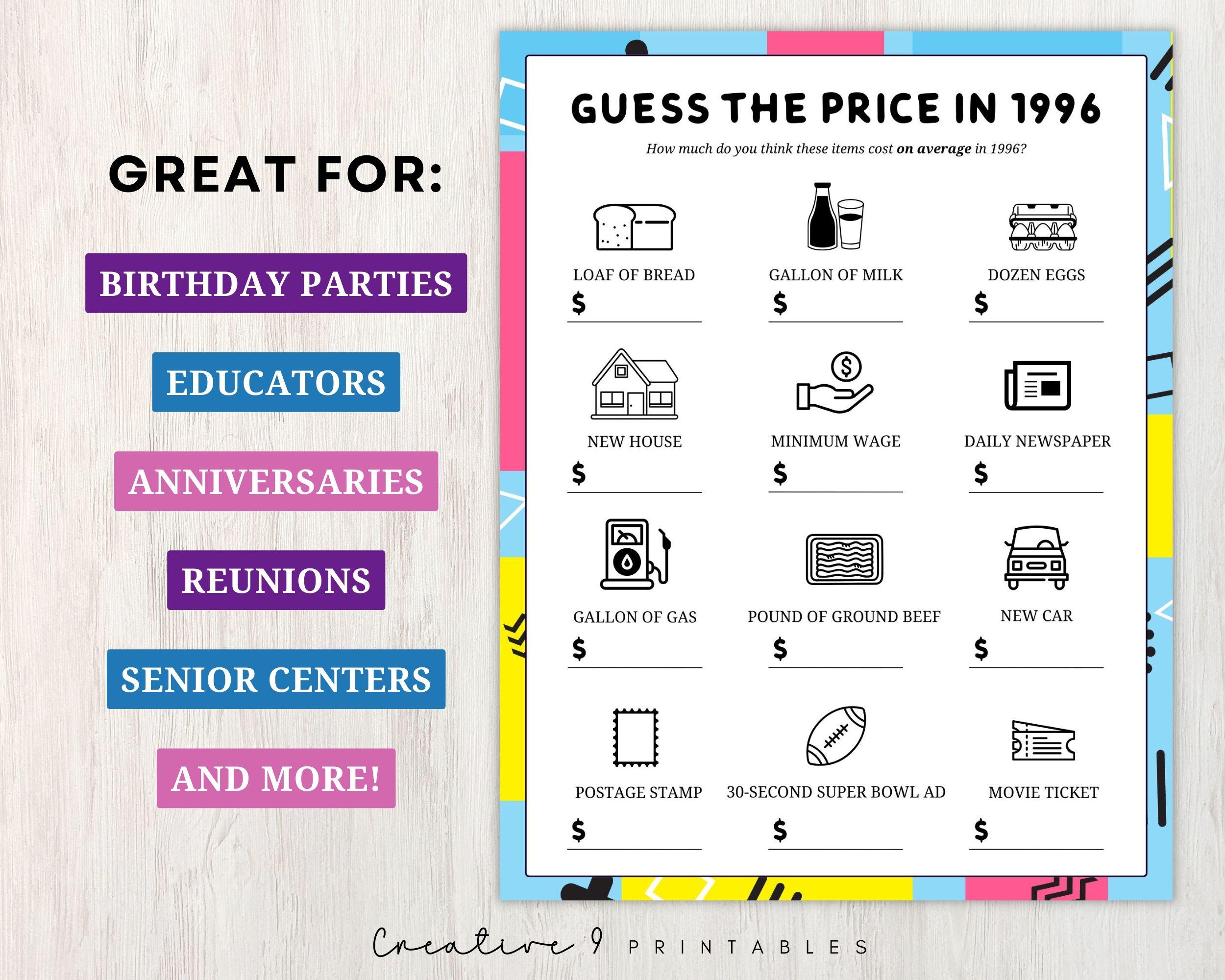 Price Trivia 1996 Guess the Price Trivia Game, 30th Birthday, Anniversary, or ...
