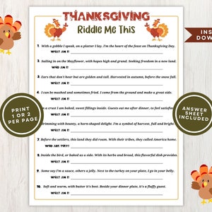 Printable Thanksgiving Riddle Me This Game, 10 Thanksgiving Trivia Questions to Answer, Thanksgiving Games for Kids, Instant Download