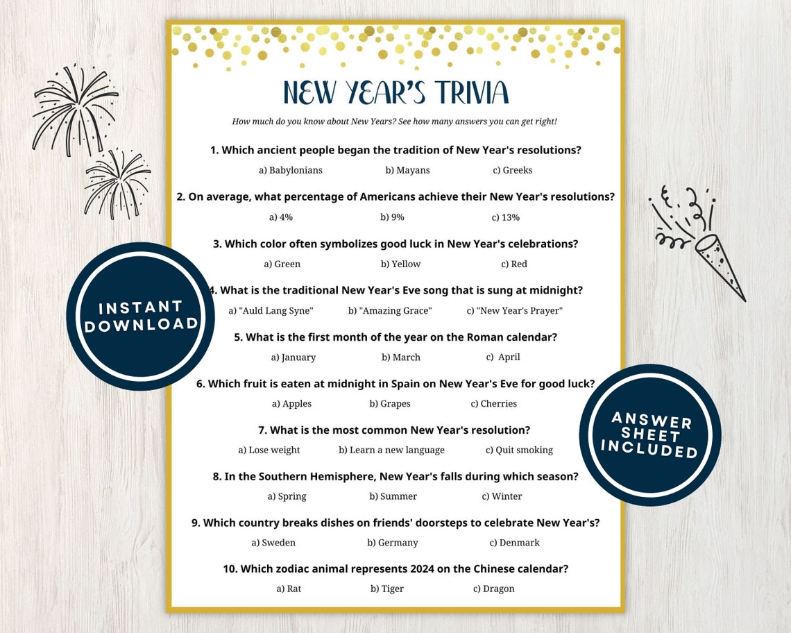 Printable New Year Trivia Game for Adults and Kids, 10 New Year's Trivia Questions With Answers ...