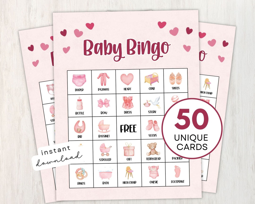 Baby Girl Bingo Printable Game, 50 Pink-themed Cards With Bonus Bingo ...
