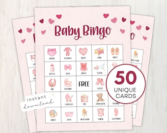 Baby Girl Bingo Printable Game, 50 Pink-Themed Cards with Bonus Bingo Markers, Fun Baby Shower Game for a Large Group, Instant Download