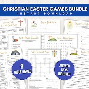 May include: A set of eight printable Christian Easter games for kids. The games include bingo, word searches, word scrambles, charades, crossword puzzles, think fast, trivia, and an A to Z word race. The games are illustrated with watercolor images of crosses, a tomb, and a dove.
