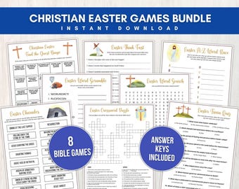 Paquete de juegos cristianos de Pascua: 8 divertidos juegos bíblicos de Pascua imprimibles con respuestas para la escuela dominical, la iglesia y grupos juveniles. Descarga instantánea.