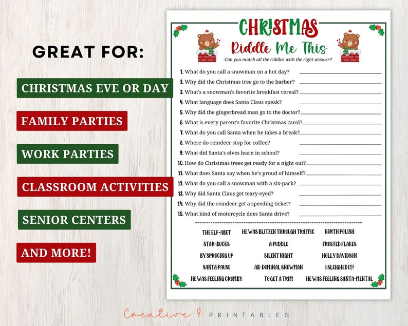 Printable Christmas Riddle Me This Game for Kids and Adults, 15 Funny Christmas Riddles With