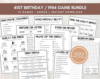 41st Birthday Games Bundle, Born in 1984 Trivia Games, 10 Fun Printable Games for 41st Birthday Party with Answer Keys,  Instant Download