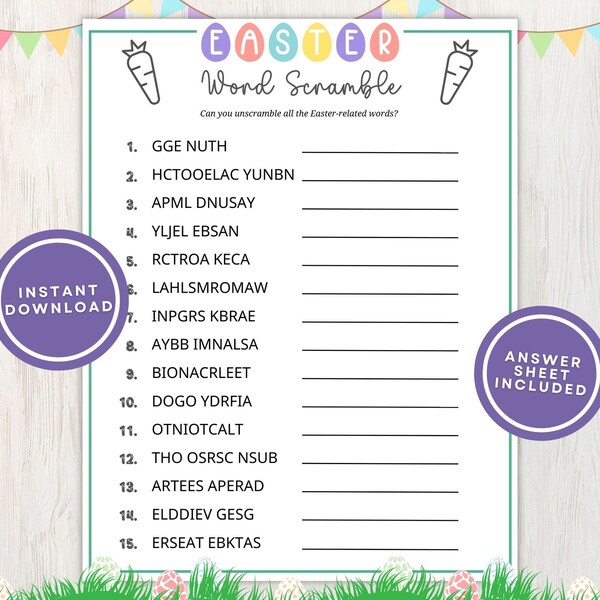 Easter Word Scramble Printable Game for Kids and Adults, 15 Spring Words to Unscramble, Great for Schools and Seniors, Instant Download