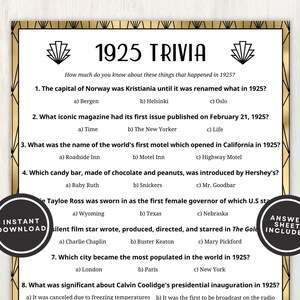 Puede incluir: Un juego de preguntas y respuestas sobre los eventos de 1925, imprimible, con ocho preguntas de opción múltiple. Las preguntas están impresas sobre un fondo con patrones dorados y negros.