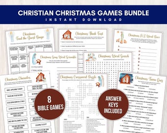 キリスト教のクリスマスゲームバンドル、日曜学校、聖書研究、青少年グループ向けの楽しい印刷可能なキリスト降誕聖書ゲーム8個、すぐにダウンロードできます