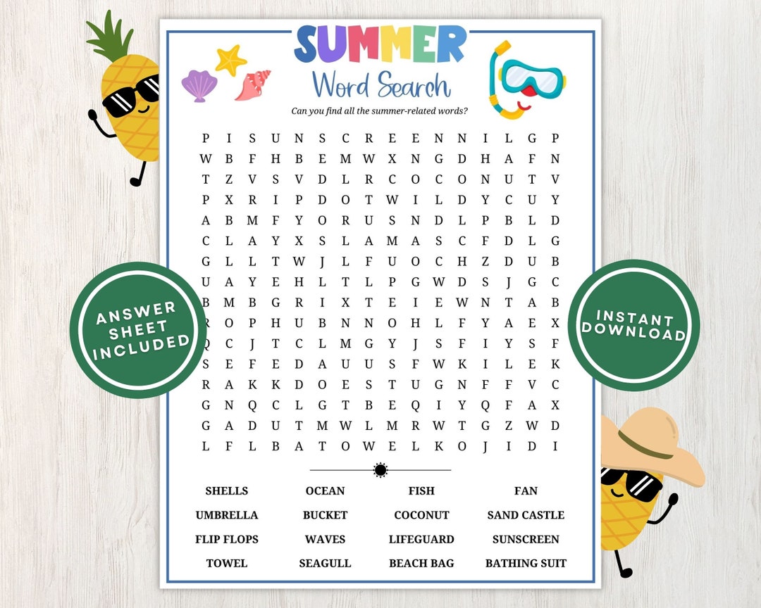 Summer Word Search Puzzle for Kids and Adults, Fun Summertime Printable