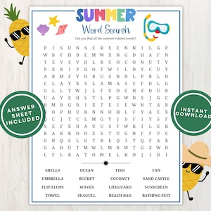 Summer Word Search Puzzle for Kids and Adults, Fun Summertime Printable Word Game with Answers, Great for Family Picnics, Instant Download