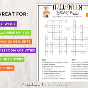 May include: A printable Halloween crossword puzzle with a black and white grid and clues listed across and down. The puzzle features a cartoon illustration of a haunted house with a ghost and a spider, and a jack-o-lantern with a crescent moon.