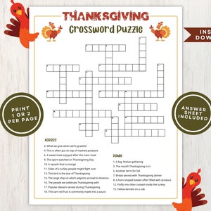 Printable Thanksgiving Crossword Puzzle for Kids and Adults, Crossword Game for Thanksgiving Gatherings and Classrooms, Instant Download