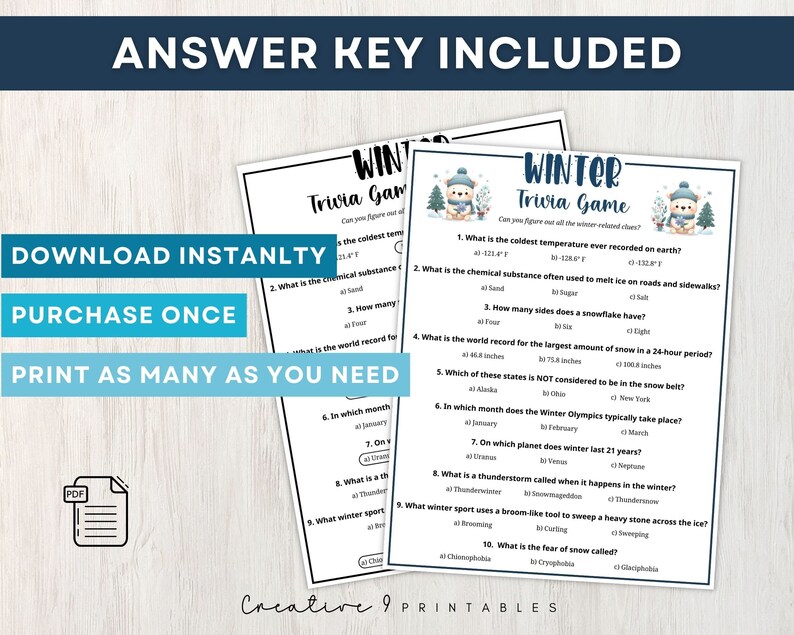 Printable Winter Trivia Game for Kids and Adults, 10 Winter Trivia