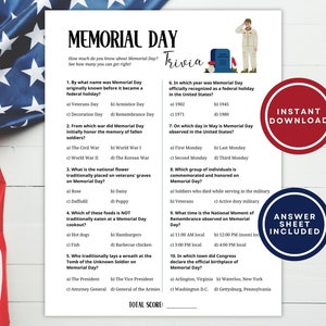 Memorial Day Trivia Game for Kids and Adults, 10 Printable Trivia Questions with Multiple Choice Answers Great for Parties, Instant Download