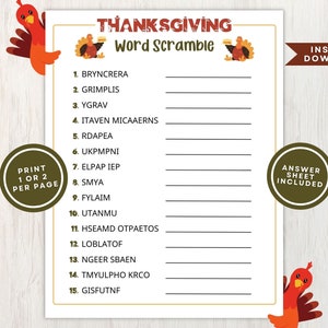 Printable Thanksgiving Word Scramble Game for Kids or Adults with Answer Sheet, Great for Thanksgiving Party or Fall Party, Instant Download