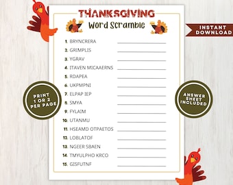 Printable Thanksgiving Word Scramble Game for Kids or Adults with Answer Sheet, Great for Thanksgiving Party or Fall Party, Instant Download