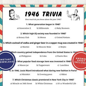 Può includere: Un foglio di gioco a quiz in stile vintage con il titolo "1946 TRIVIA". Il foglio presenta domande sull'anno 1946, con illustrazioni di una donna e un uomo. Include un badge "Download istantaneo" e "Foglio risposte incluso".