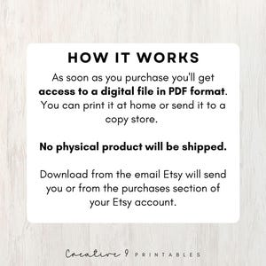 May include: Text on a white background explaining how digital downloads work on Etsy. The text reads: "HOW IT WORKS As soon as you purchase you'll get access to a digital file in PDF format. You can print it at home or send it to a copy store. No physical product will be shipped. Download from the email Etsy will send you or from the purchases section of your Etsy account. Creative 9 PRINTABLES"