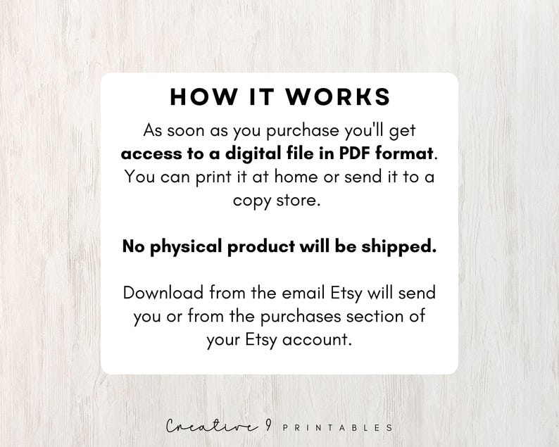 May include: Text on a white background explaining how digital downloads work on Etsy. The text reads: "HOW IT WORKS As soon as you purchase you'll get access to a digital file in PDF format. You can print it at home or send it to a copy store. No physical product will be shipped. Download from the email Etsy will send you or from the purchases section of your Etsy account. Creative 9 PRINTABLES"