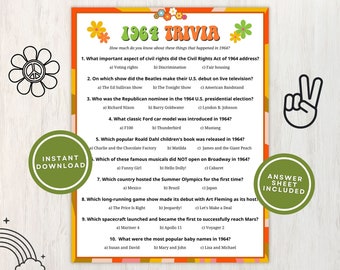 1964 Trivia with Answers, Printable 61st Birthday Party or Anniversary Party Game, 10 Fun Quiz Questions From Back in 1964, Instant Download