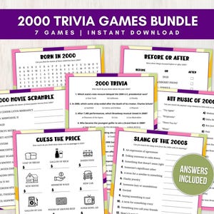 Puede incluir: Un conjunto de siete juegos de trivia imprimibles sobre el año 2000. Los juegos incluyen temas como "Nacido en 2000", "Barajando películas de 2000", "Trivia de 2000", "Antes o después", "Música del 2000", "Adivina el precio" y "Jerga de los años 2000". Los juegos están diseñados con un patrón geométrico colorido en rosa, amarillo y morado.